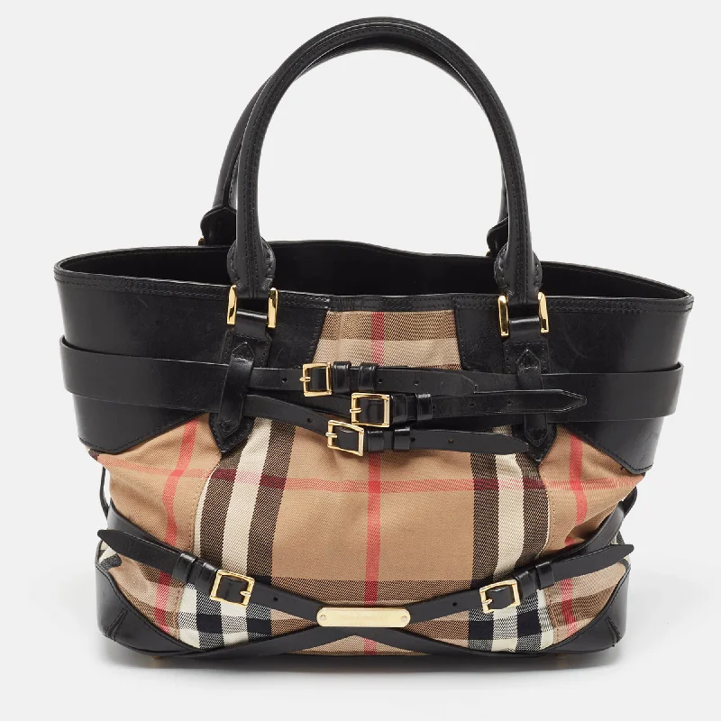 Burberry Black/beige House Check Fabric Medium Bridle Lynher Tote