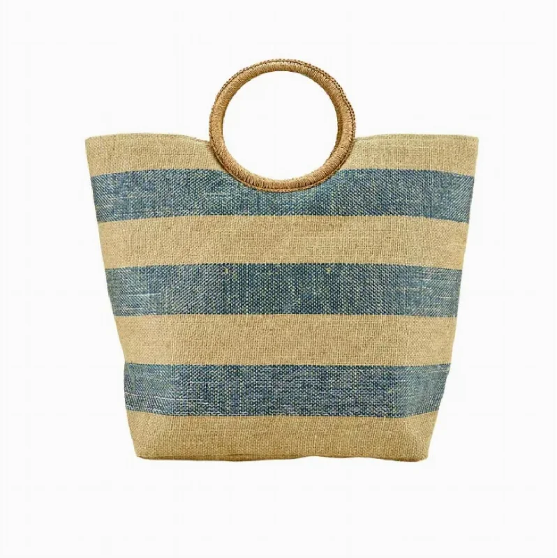 Large Striped Metallic Tote Bag In Brown/blue