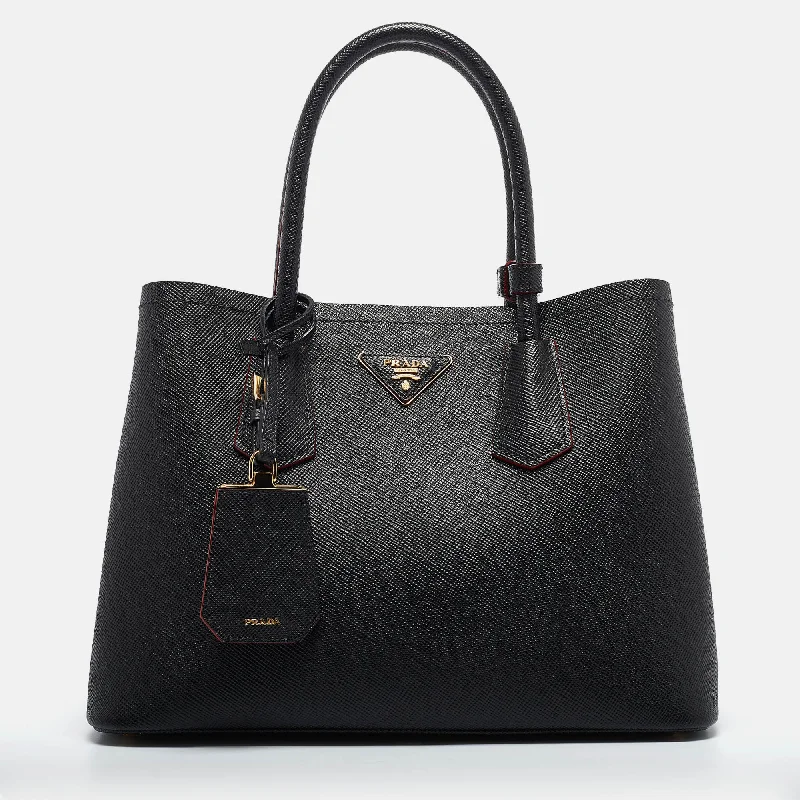 Prada Black Saffiano Cuir Leather Small Double Handle Tote