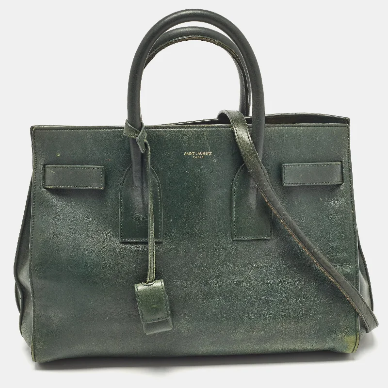 Saint Laurent Green Leather Small Classic Sac De Jour Tote..