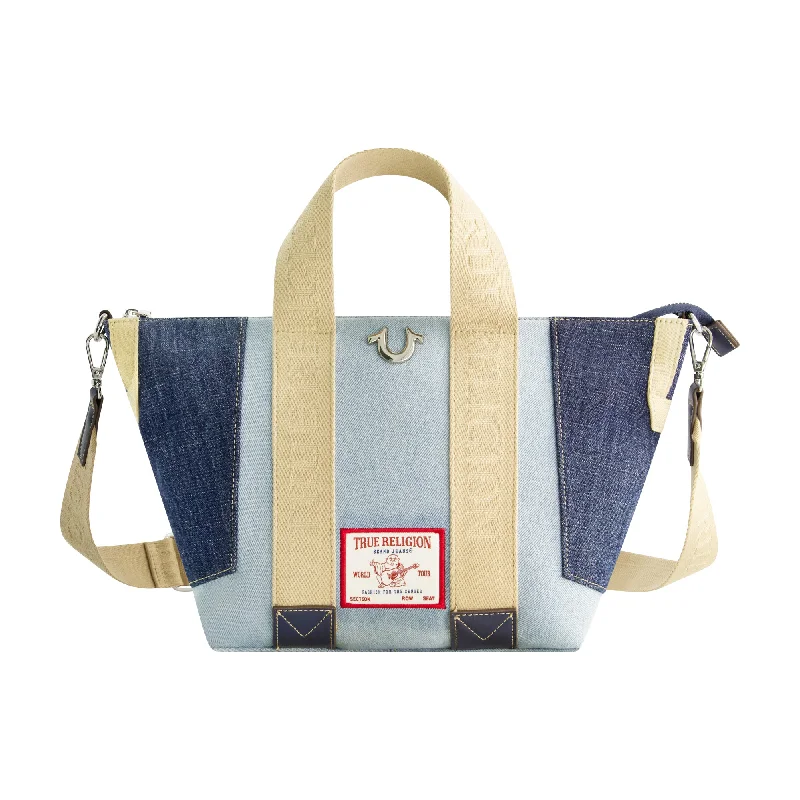 True Religion Licensed Patchwork Denim Tote Bag with Adjustable Strap