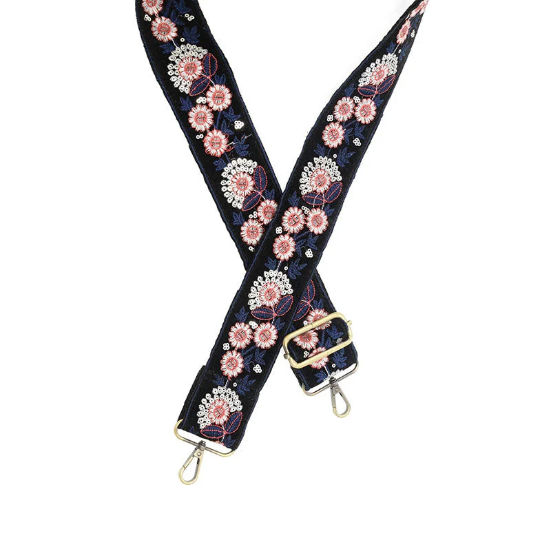 2" Ornate Floral & Sequin Guitar Strap in Black