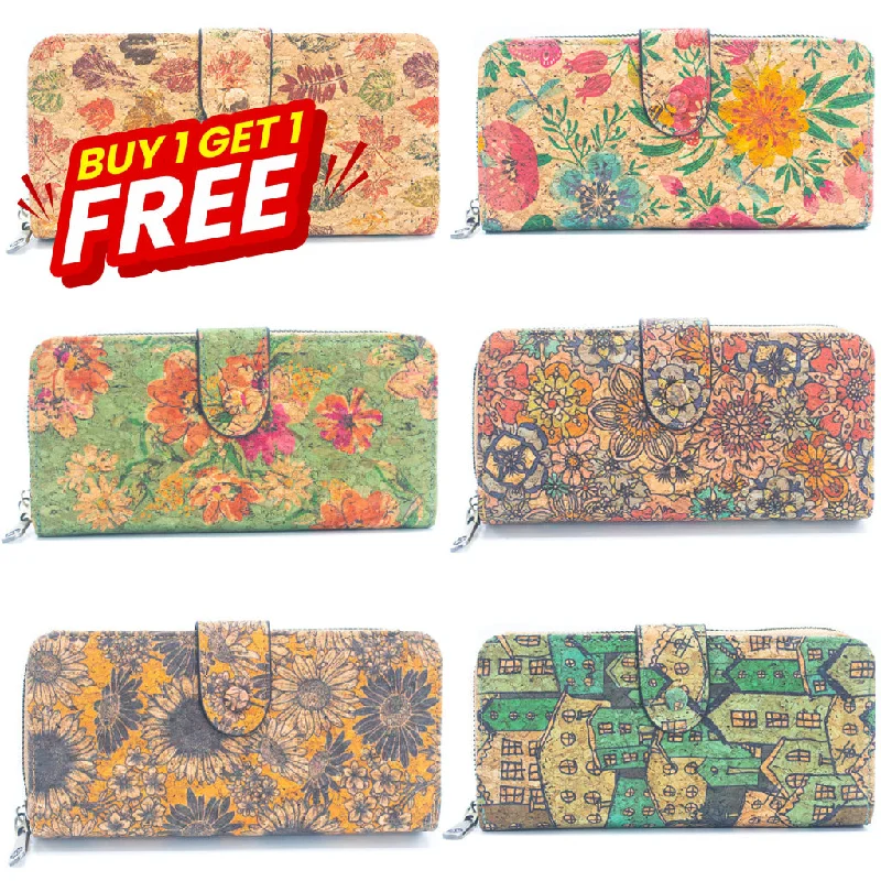 BUY 1 GET 1 FREE: Colorful Leaf-Patterned Cork Wallet with Zippered Compartments HY-033-MIX-6