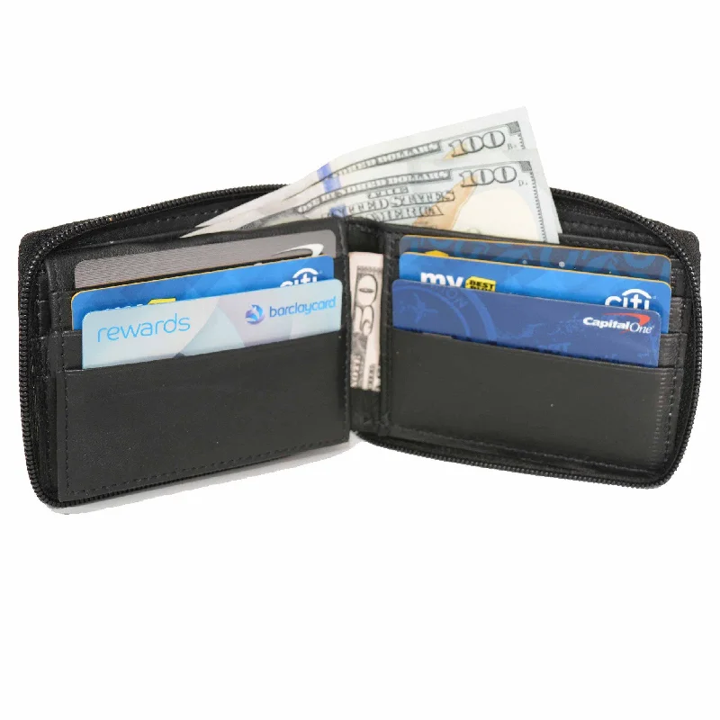 Genuine Leather Bifold Wallet Zippered - Black