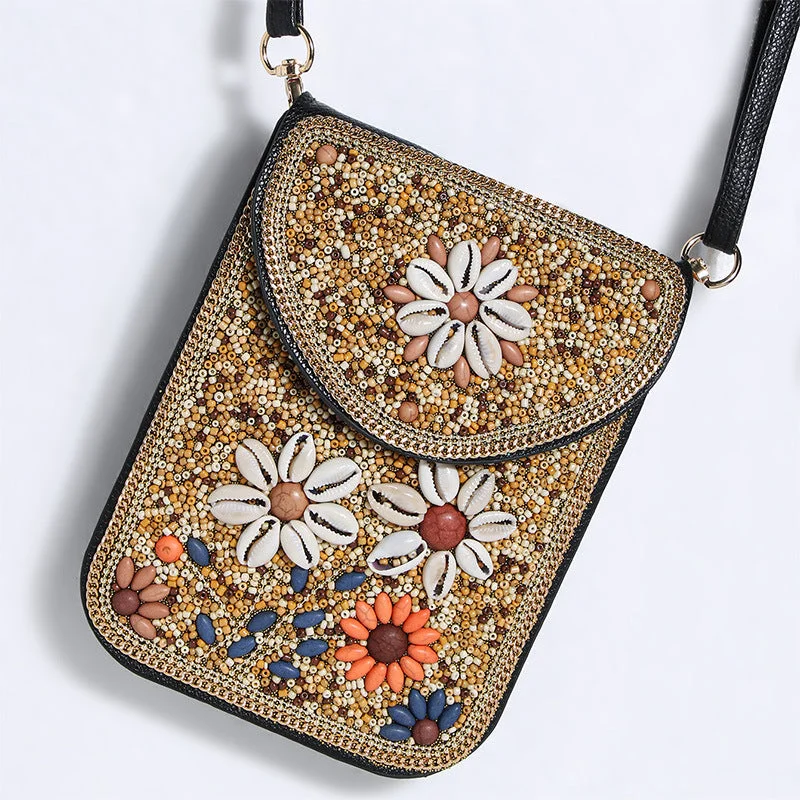 Bohemian Phone Bag Women Shell Flowers Pattern Magnetic Crossbody Bag