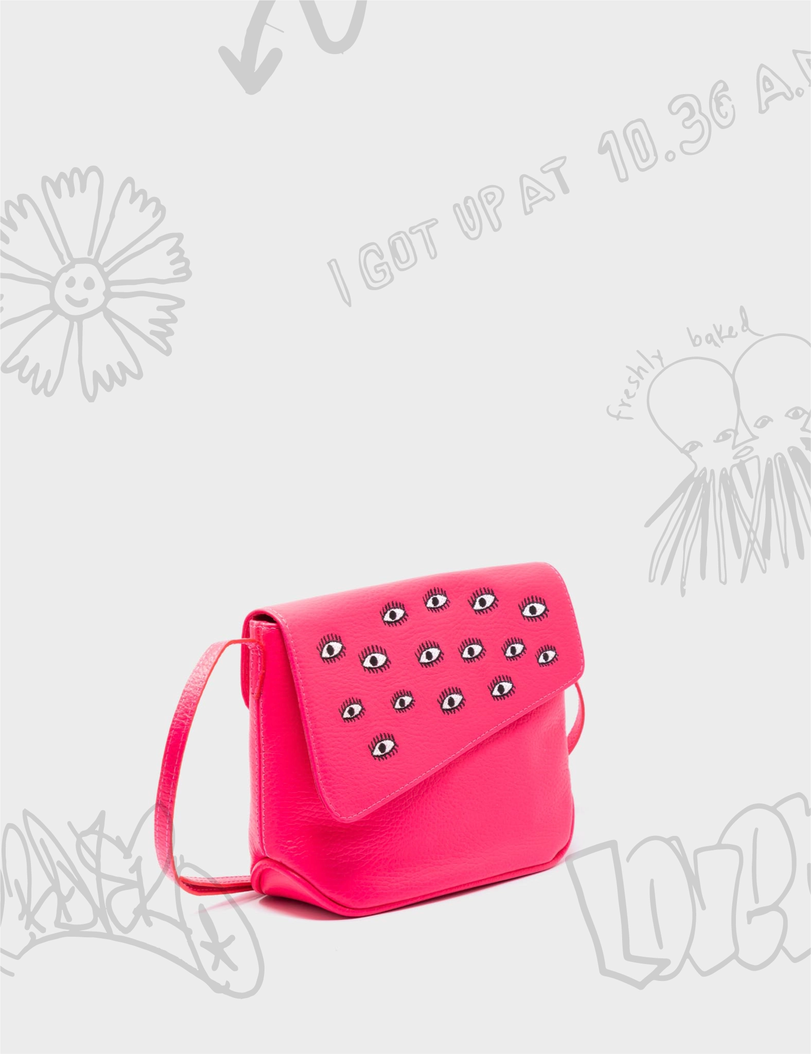 Bruno Mini Crossbody Neon Pink Leather Bag - All Over Eyes Embroidery