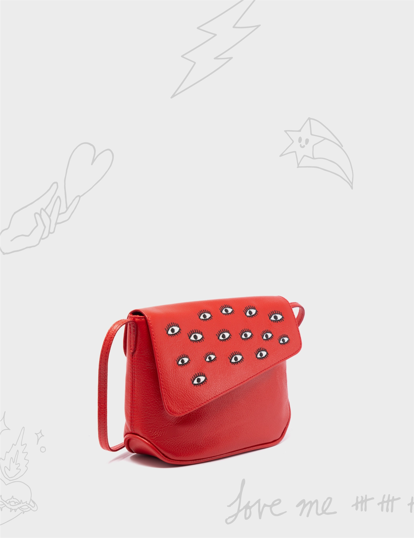 Bruno Mini Crossbody Red Leather Bag - All Over Eyes Embroidery