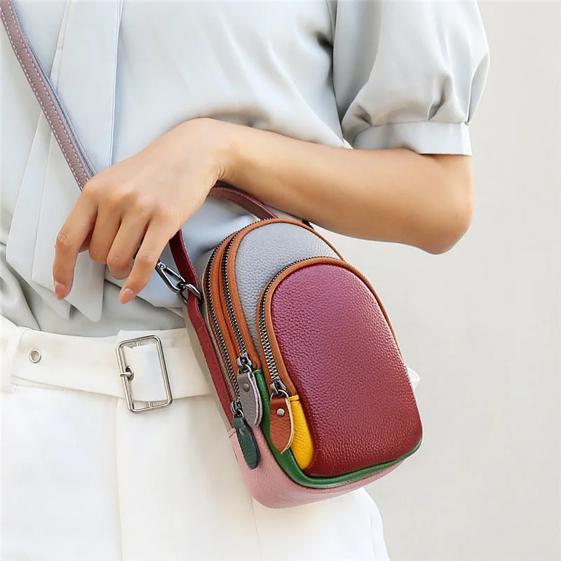 Color Matching Phone Bag Genuine Leather Crossbody Purse For Women