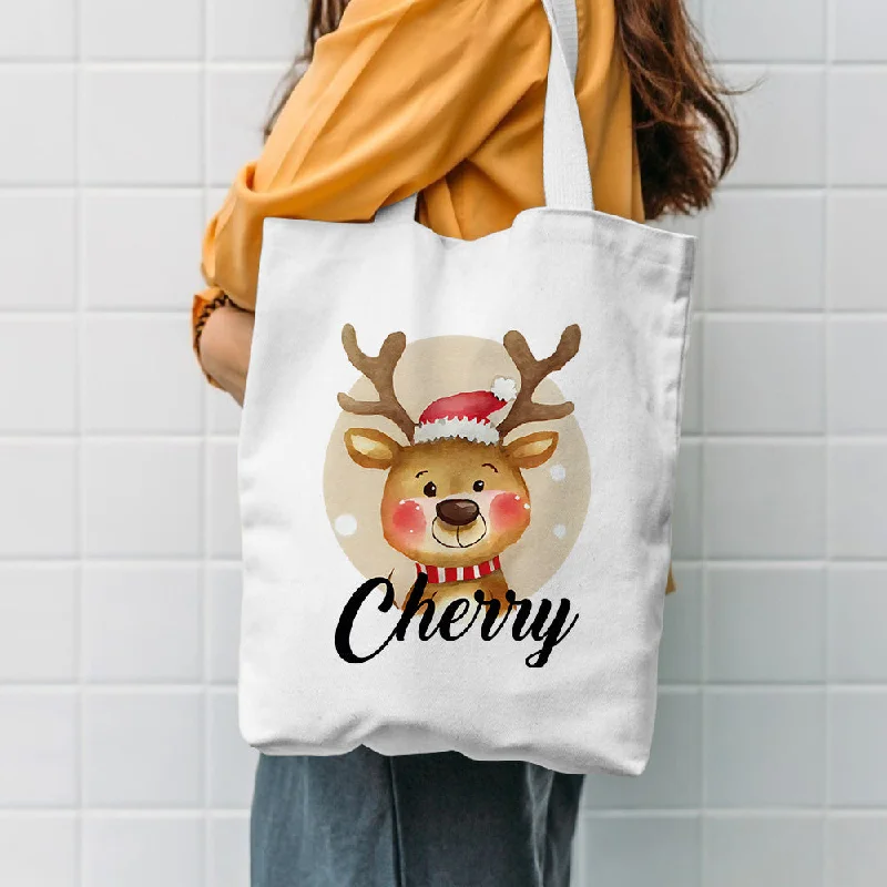 Custom Name Christmas Tote Bag, Christmas Deer Kids Gift Bag, Christmas Present Tote Bag, Christmas Family Gift Tote Bag, Holiday Gift Totes