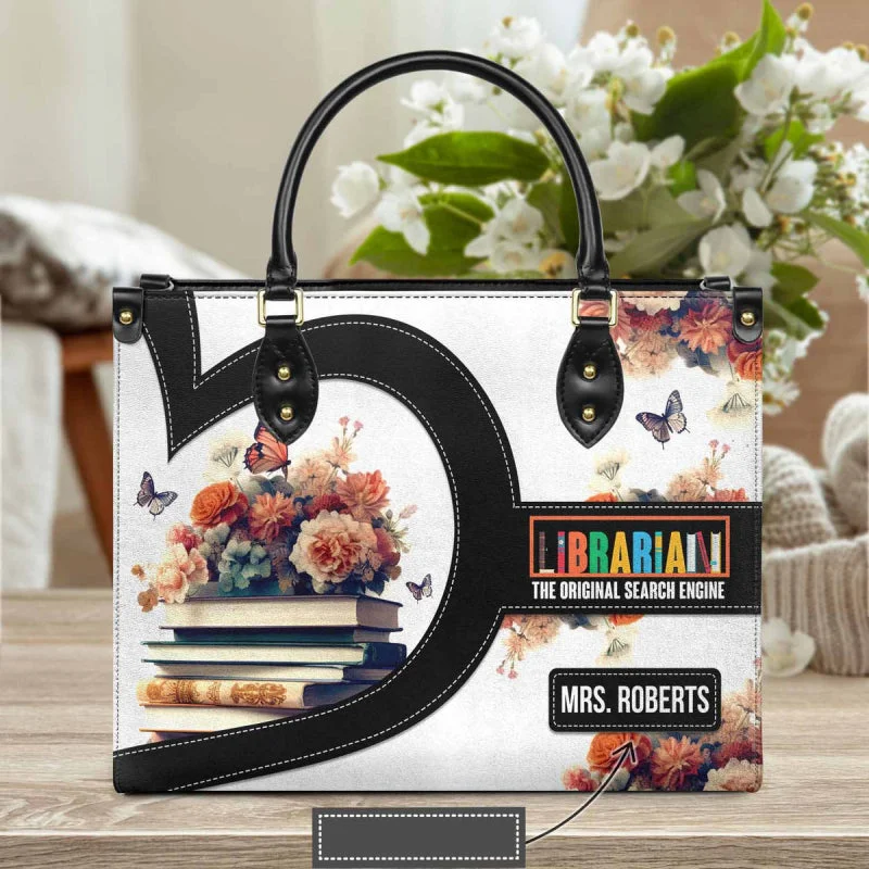 Custom Name Handbag For Women Heart Books Pattern Leather Tote