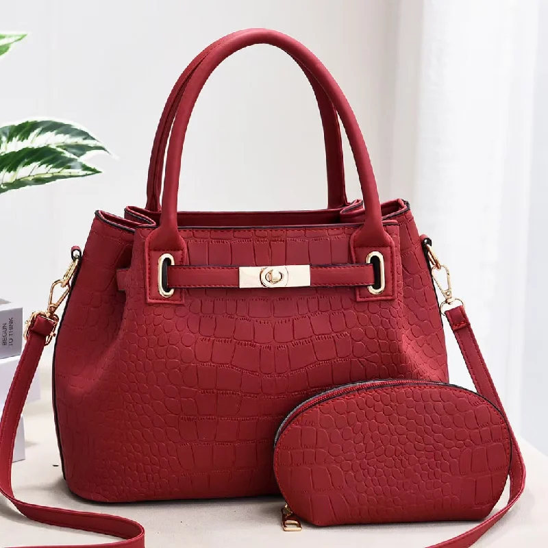 Elegant Bag Set Solid Color Crocodile Print Top Handle Purse