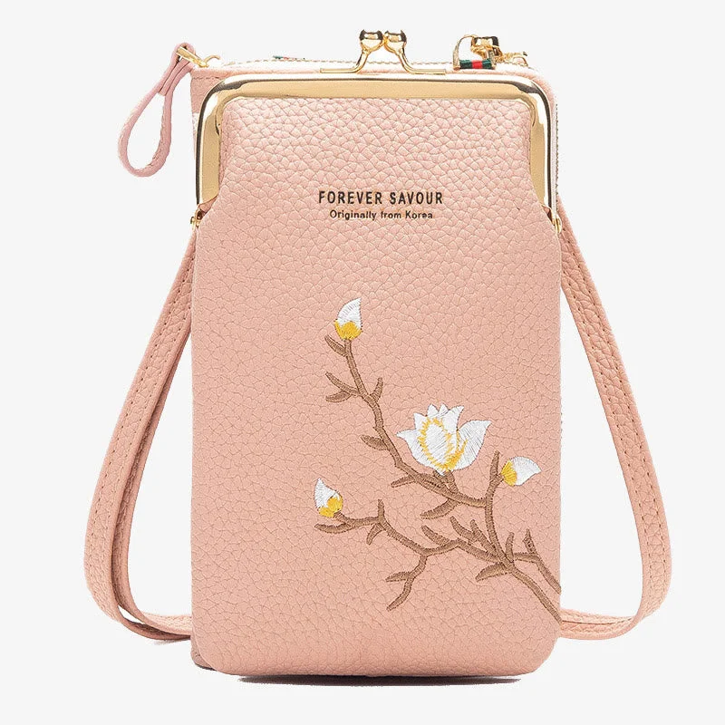 Elegant Embroidered Phone Bag Women Mini Crossbody Leather Purse