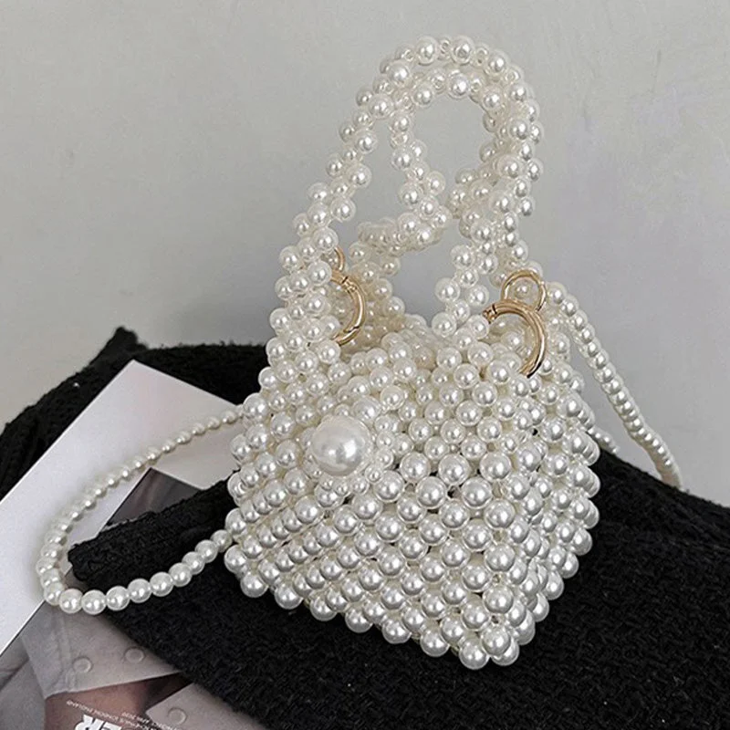 Elegant Pearl Bead Bucket Purse For Women White Mini Handbag