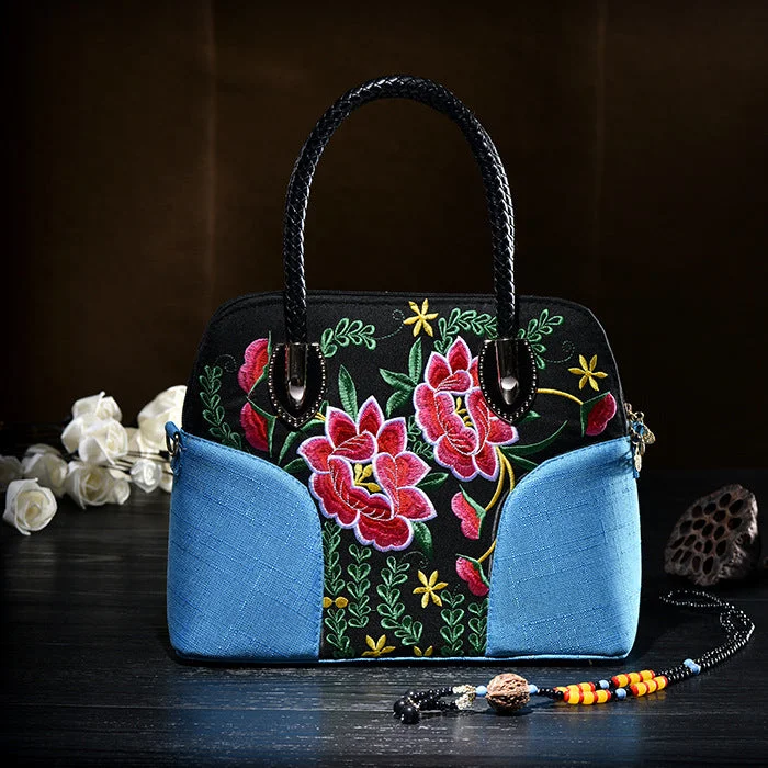 Floral Embroideried Canvas Tote For Women Vintage Crossbody Handbag