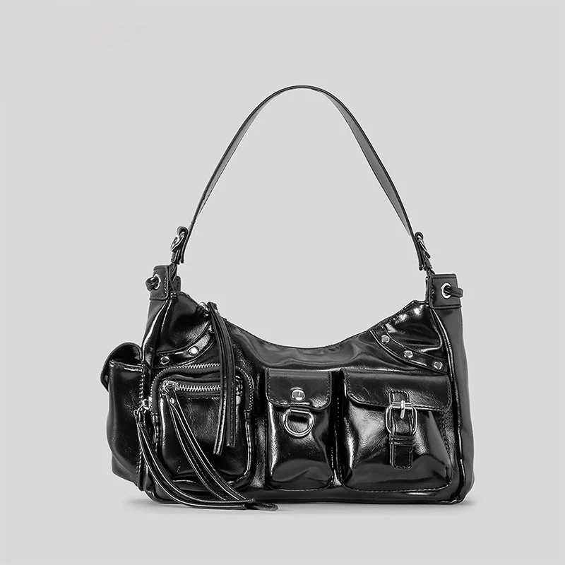 Glossy Leather Underarm Bag For Women Rivet Tassel Crossbody Bag