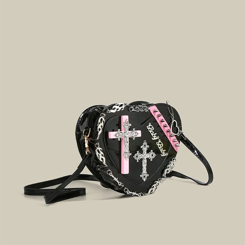 Gothic Heart Shape Purse Womens Cross Rivet Shoulder Bag