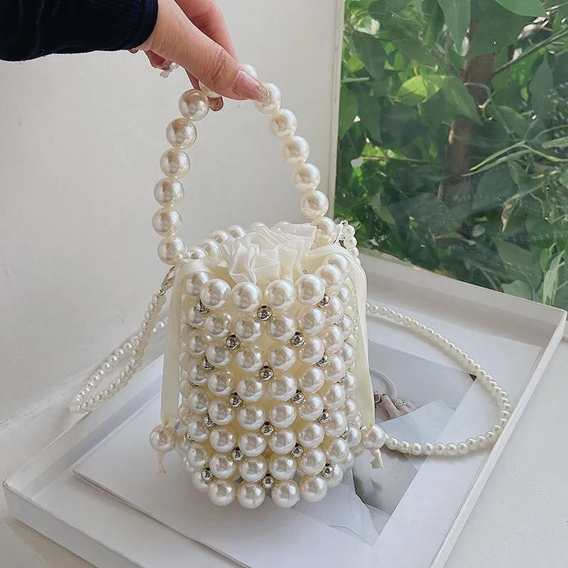 Hollowe Out Pearl Bead Bucket Bag For Women Mini Handbag