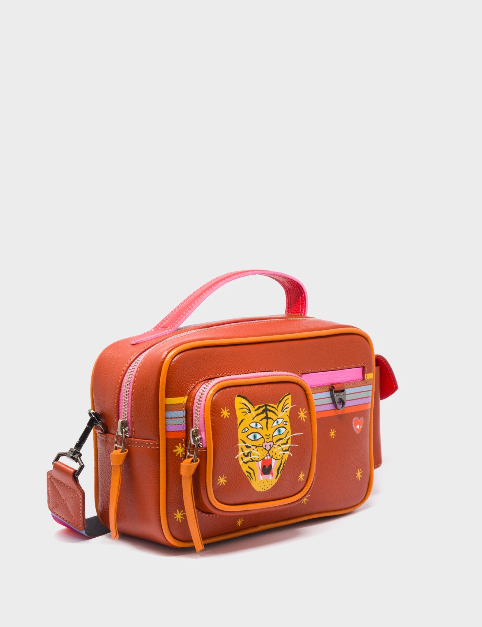 Ilan Radio Medium Cinnamon Crossbody Bag - Happy Tiger Design