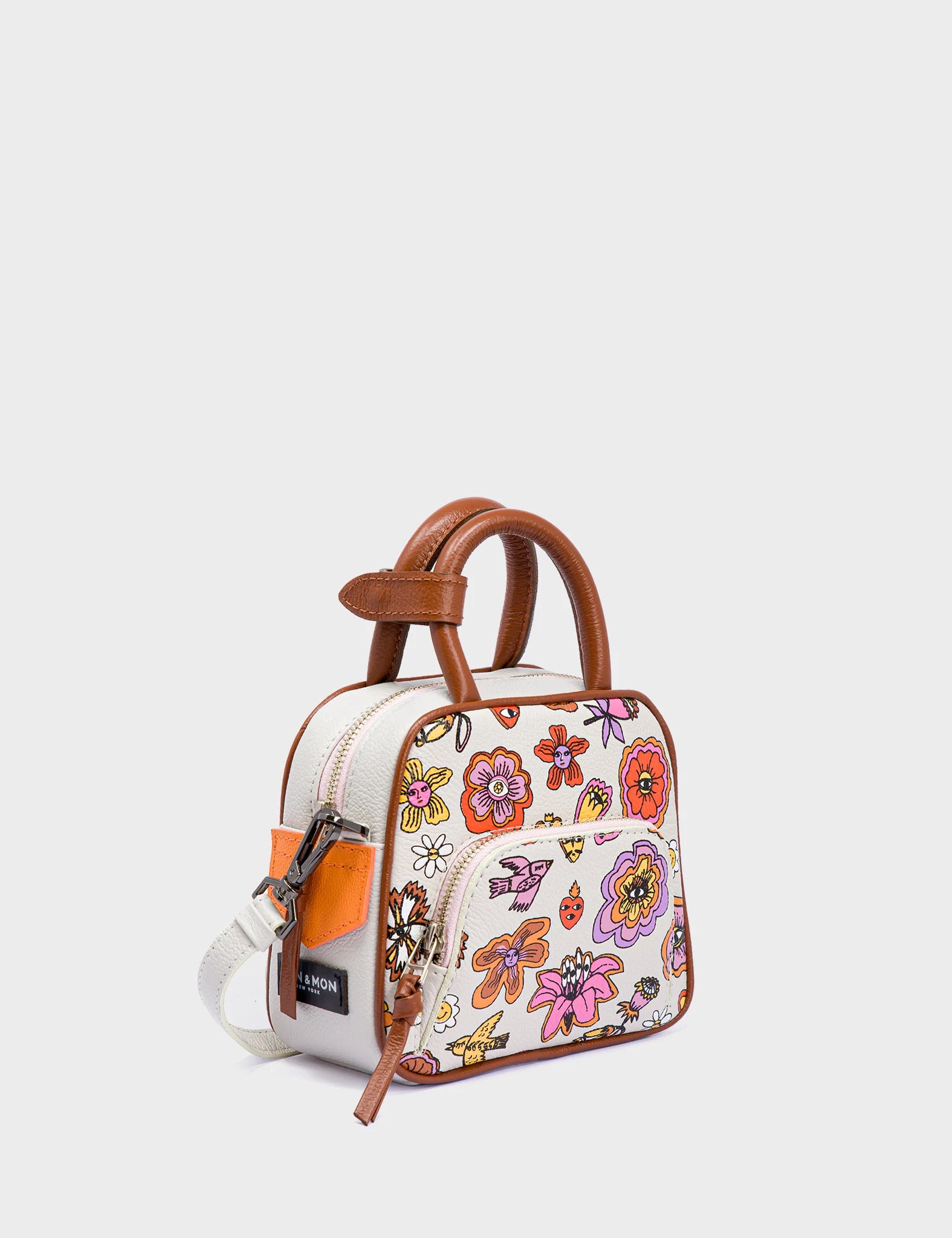 Marino Mini Crossbody Cream Leather Bag - Floral Vintage Print