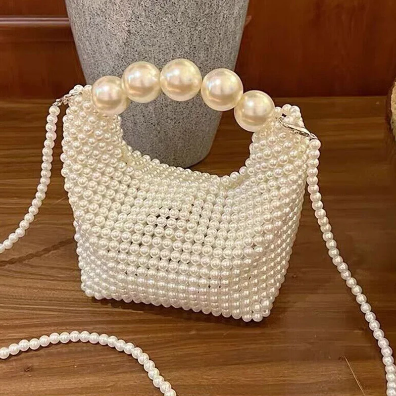 Pearl Bead Handbag For Women White Elegant Crossbody Bag