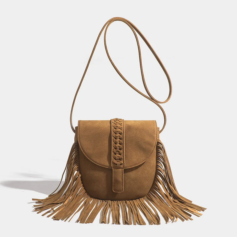 Suede Leather Crossbody Bag Darkgoldenrod Tassel Purse For Women