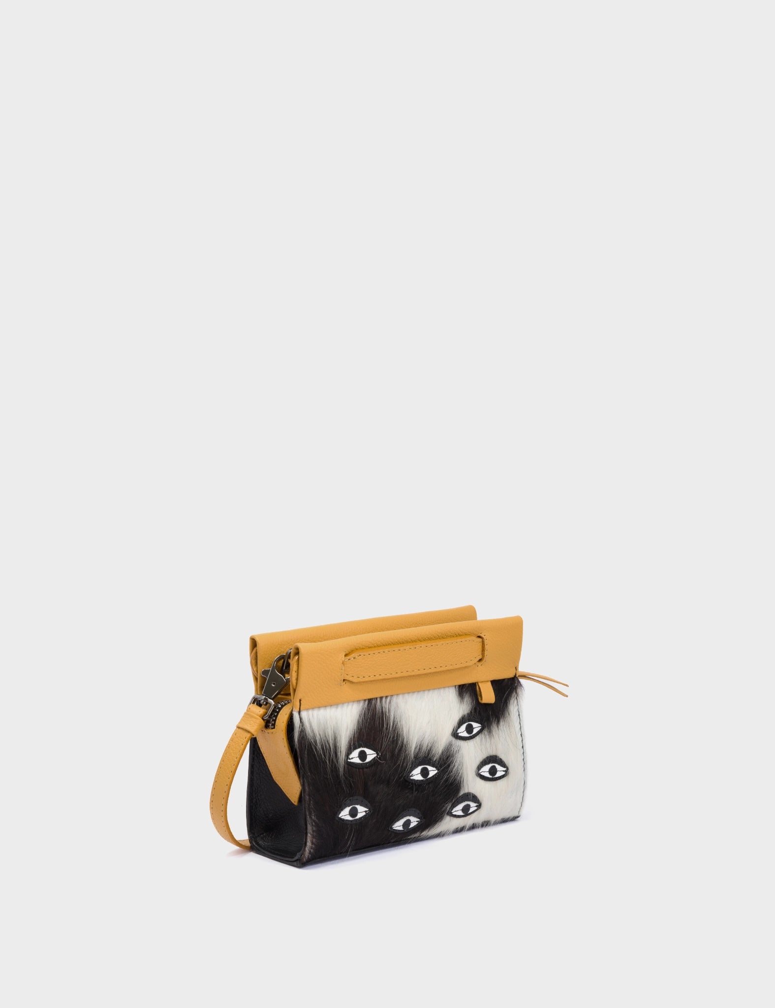 Vali Crossbody Micro Golden Glow and Black Leather Bag - Eyes Applique Adjustable Handle