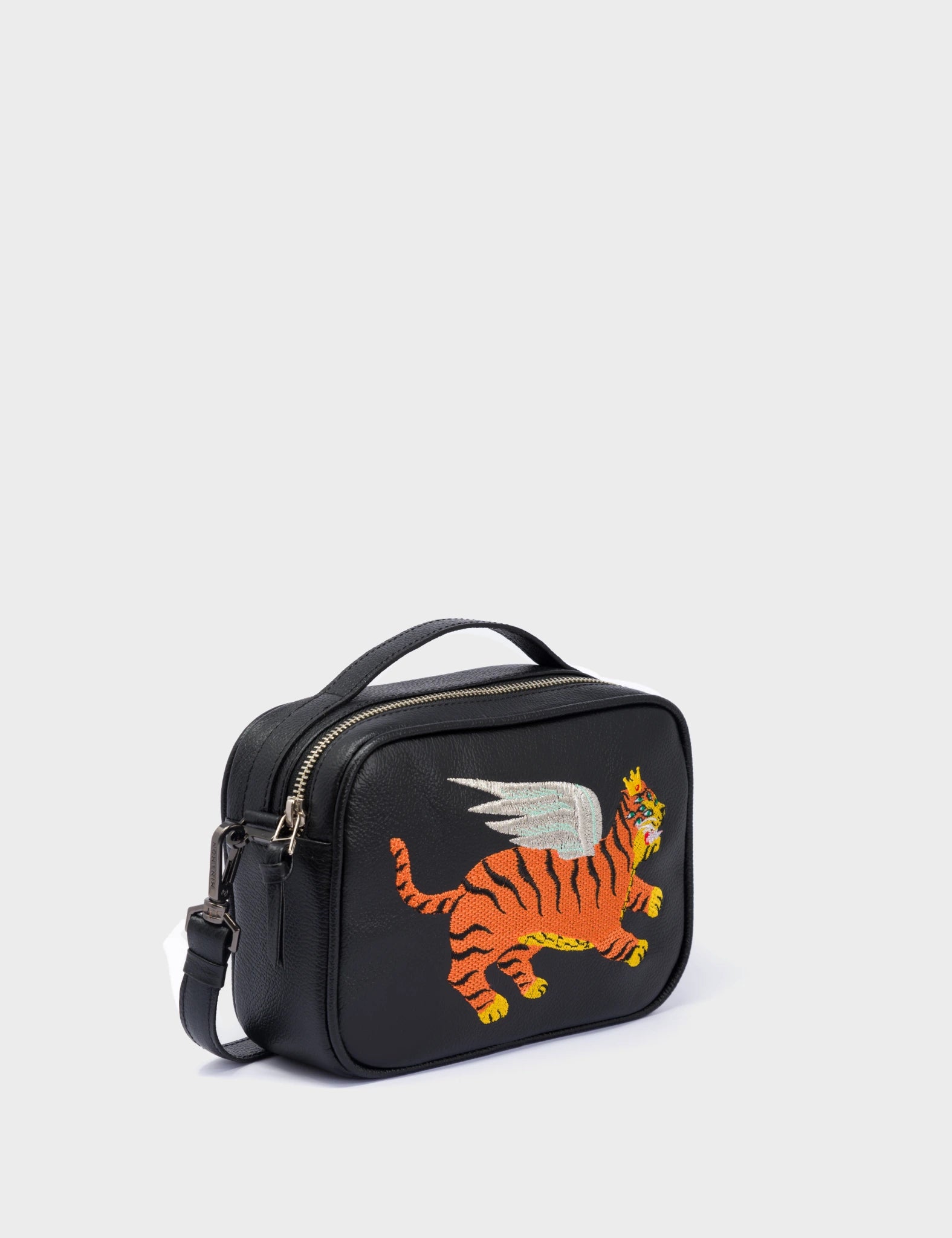 Verto Crossbody Black Leather Handbag - Flying Tiger Embroidery